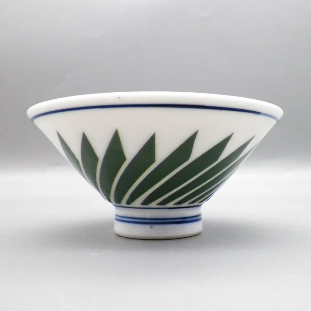 Japanese Ceramic Green Geometric Footed Rice Bowl with Spoon